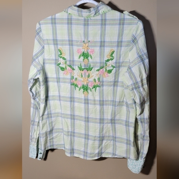 Solitaire Large distressed plaid western embroidered peal button down longsleeve - Picture 6 of 10